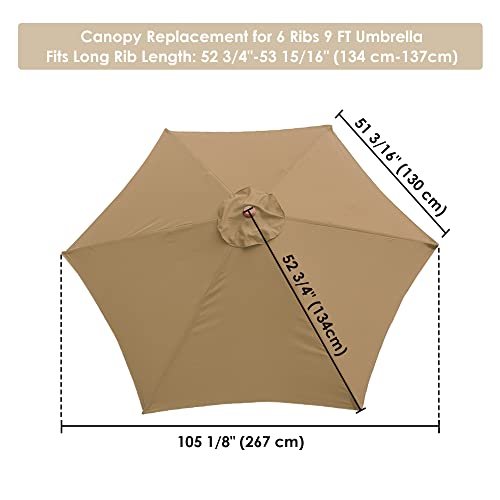 Yescom 9' Patio Umbrella Replacement Canopy 6 Rib Outdoor Yard Garden Deck Lawn Market Parosol Cover Top Color Tan #TOP5