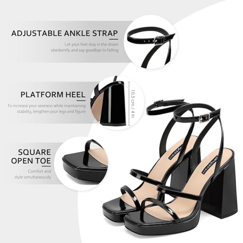 Image of MIRAAZZURRA Platform Strappy Heel Sandals Square Open Toe Two Strap Chunky High Heeled Sandals with Buckle Ankle Strap for Women Party Wedding Dress