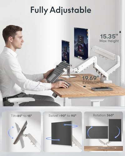 Image of FlexiSpot Laptop Mount, Dual Monitor Arm with Laptop Tray, Fits Up to 32 Inch Monitor and 17.3 Inch Notebook, Full Adjustable Gas Spring Holds up to 19.84lbs per Arm for Office & Home, White