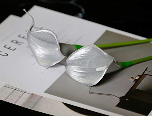 20Pcs Calla Lily Fake Silver Flowers Wedding Bouquet Artificial Real Touch Latex Flowers Home Wedding Party Decor (925 Silver) #TOP5