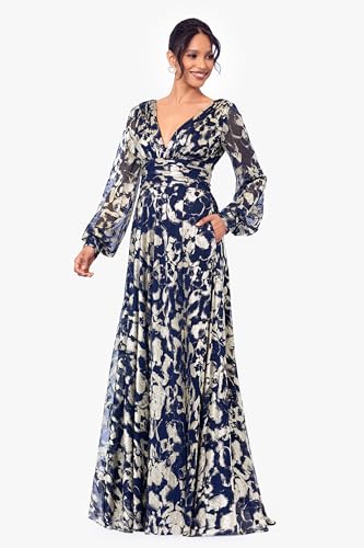 Image of Betsy & Adam Floor Length Metallic Foil V Neck Gown with Long Mesh Sleeves