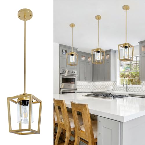 Quxezz 1-Light Gold Pendant Light Fixture Farmhouse Metal Cage Pendant Light with Clear Glass Shade Rustic Small Hanging Lantern Lamp Chandelier for Kitchen Island Entryway Dining Room Hallway