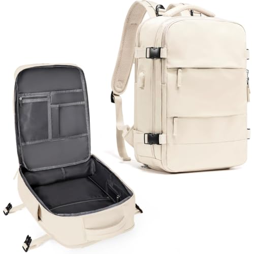 Mochila De Viagem Avião Grande Multifuncional Unissex - Mochila De Mão Com Porta USB, Compartimento para Tênis, Notebook (BEGE)