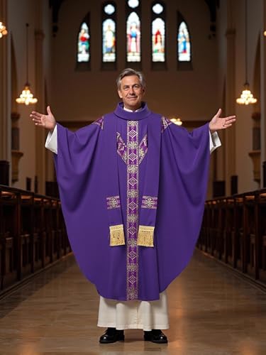Clergy Elegance Church Vestments for Catholic Priests Chasuble Mass Round Collar Robe with Pastor Stole3