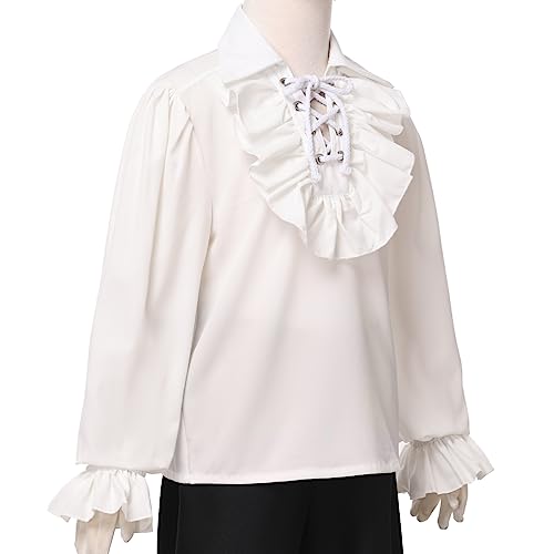 GRACEART Boy's Medieval Pirate Shirt Renaissance Costume Colonial Cosplay Ruffle Shirt Lapel Collar Lace Up Tops Kids Blouse Beige - Image 4