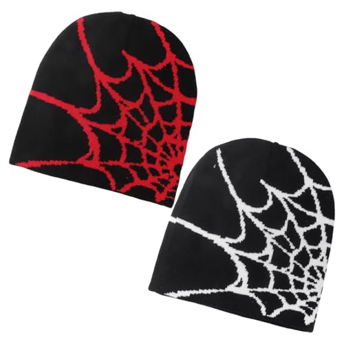 Confezione da 2 Cappelli con Stampa Ragnatela, Cappelli alla Moda E Personalizzati, Cappelli Lavorati A Maglia Caldi, Cappelli Lavorati A Maglia Elastici E Morbidi