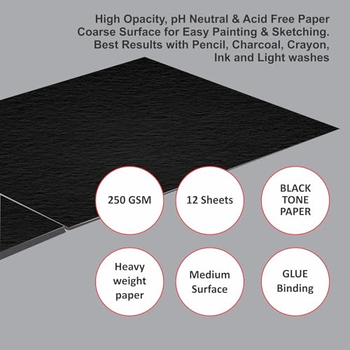 Image of Anupam Pupil Black Toned Watercolour Paper Pad - Cold Press Paper - 250 GSM - 12 Sheets - A4