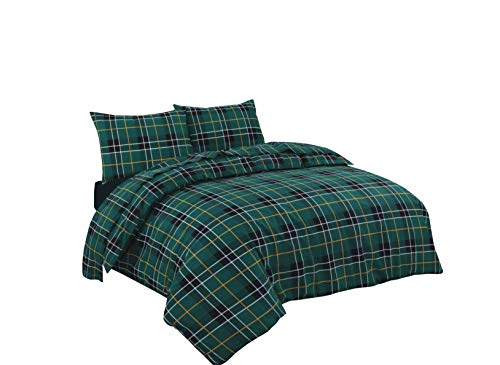 NZ Tartan Check Luxurious Flannel 100% Natural Brushed Cotton Thermal Duvet Cover Sets Reversible Bedding Sets (Green, 3pcs, Double)