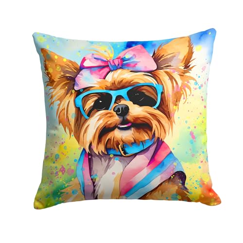 Caroline's Treasures DAC2574PW1414 Yorkshire Terrier Hippie Dawg Fabric Decorative Pillow Machine Washable, Indoor Outdoor Decorative Pillow for Couch, Bed or Patio, 14Hx14W