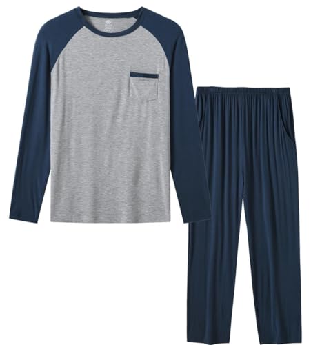 MoFiz Men's Nightwear Pyjamas Set Sleepwear Pjs Set Soft Modal Long Sleeve Pyjama Top & Bottom Lightweight Lounge Sleep Set Blue Size US S