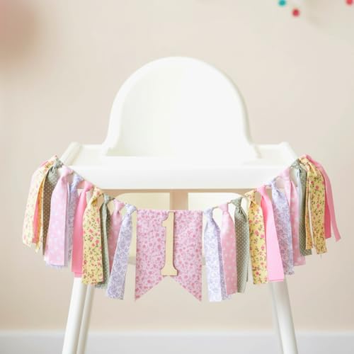 VitalCozy Pastel One High Chair Banner for Girls boys First Birthday High Chair Banner Sweet One Bow Floral Garland 1st Birthday Celebration Decorations