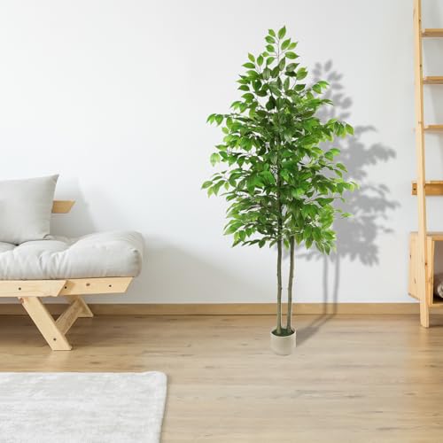 Artificial Ficus Tree 6FT Tall, Artificial Plants Indoor with White Planter Faux Ficus Tree Realistic Faux Silk Plant for Home Office Living Room, Porch, Garden Decor - Image 3