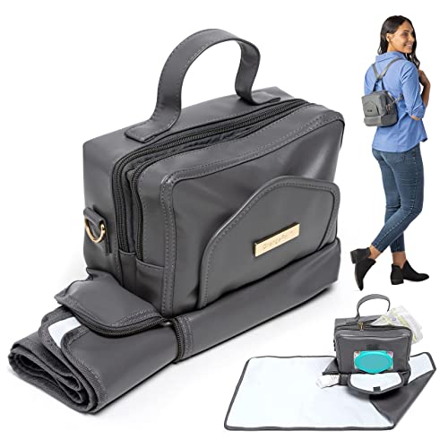 Mini Diaper Bag - Small Crossbody Baby Changing Station Bag With Wipes Compartment, Changing Pad, Stroller & Shoulder Strap (Gray Vegan Leather) #TOP18