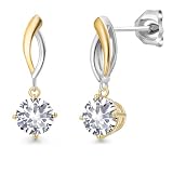 Gem Stone King 925 Silver and 10K Yellow Gold White Created Sapphire Dangle Earrings for Women | 2.00 Cttw | Gemstone September Birthstone | Round 6MM