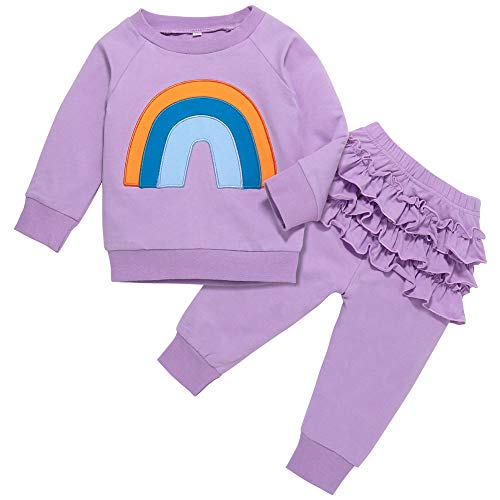 Infant Baby Girl Clothes Cute Sweatshirt Set Rainbow Rose Printed Sweatsuit+Ruffle Sweatpants Fall Winter Outfit Set (Purple, 6-12 Months)