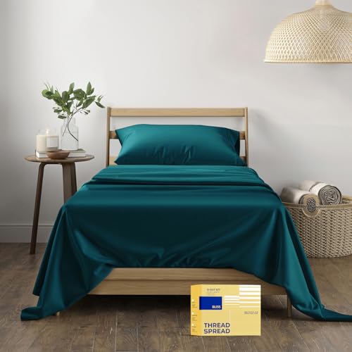 THREAD SPREAD 100% Egyptian Cotton Sheets Twin Size - 600 Series Bliss Collection Sheets, Deep Pocket (3 PC,Teal), Soft, Cooling Sateen Twin Sets for Dorm, 16" Deep Pocket