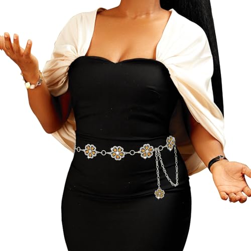 ELABEST Rhinestone Flower Chain Belt for Women Mental Waist Chain Sparkling Gold Silver Chain Belts for Dresses3