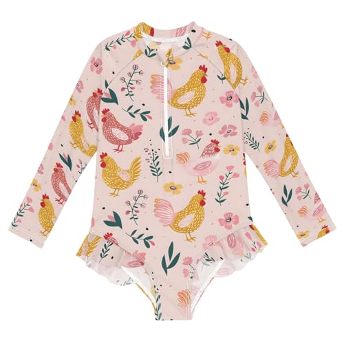 ALAZA Toddler Swimsuit Girl Bathing Suit Swimwear Rash Guard Chickens Pink Long Sleeve 3T