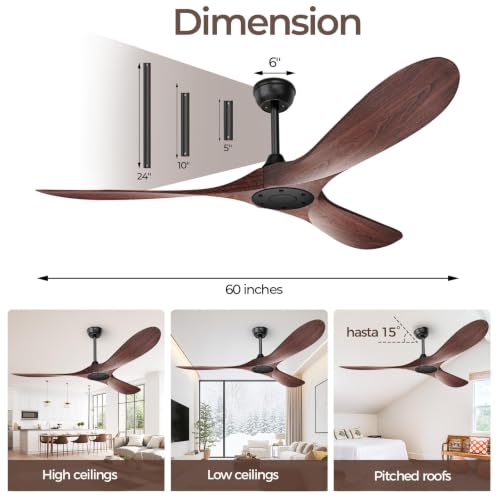 Image of Obabala 60 Inch Ceiling Fan Without Lights, Walnut Finish | Outdoor Ceiling Fan with Remote, 6-Speed Adjustable Reversible DC Motor for Patio & Living Room