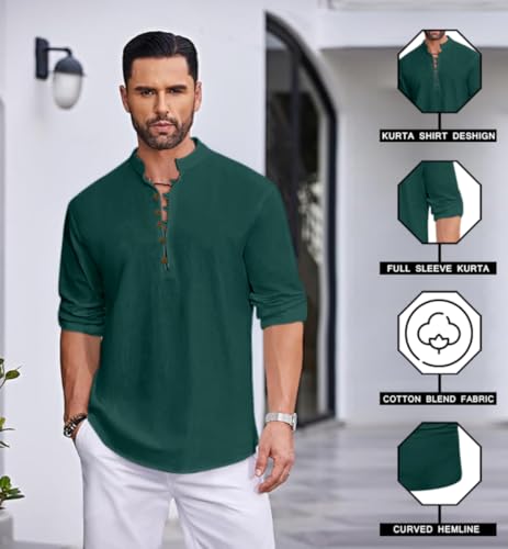 Image of Macsivo Men's Stylish Mandarin Collar Kurta | Casual Ethnic Fusion Shirt for Daily, Party & Travel | Full Sleeves | Cotton Blend Comfort Fit Short Kurta