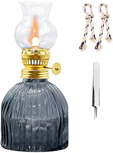 Kerosene Oil Lamp for Indoor Use,1 Glass Kerosene Lamp,2 Wicks and 1 Tweezers,Classic Retro Hurricane Lantern Decoration Outdoor Camping(Grey)