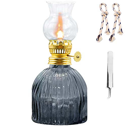 Kerosene Oil Lamp For Indoor Use,1 Glass Kerosene Lamp,2 Wicks And 1 Tweezers,Classic Retro Hurricane Lantern Decoration Outdoor Camping(Grey) #TOP3