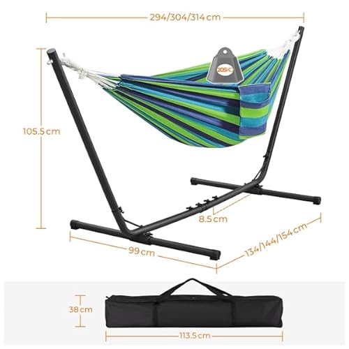 Yaheetech Hamaca con Soporte de Metal para Jardín Portátil - Largo Ajustable, 2 Personas, Acero Duradero, Interior y Exterior, Camping, Carga 205Kg, Rayas Azules y Verdes - imagen 2