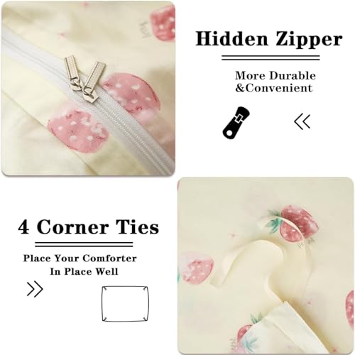 Image of Strawberry Duvet Cover Set Full Size Kawaii Strawberry Printed on Cream White Bedding Set with 2 Pillowcases 3Pcs Kids Cute Fruit Reversible Microfiber Comforter Cover for Girls Women
