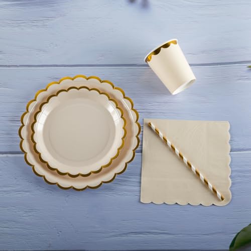 125PCS Beige Party Tableware Set - Beige & Foil Gold Scalloped Paper Plates, Cups, Napkins, Straws for 25 Guests, Party Supplies for Birthday, Picnic, Wedding, Baby Shower - Image 8