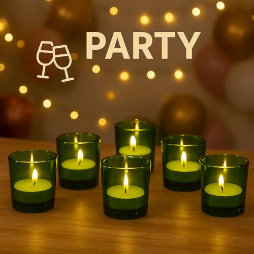 Image of Pure Source India Set of 12 Votive Glass Candle Holders with Tealight Candles | Decorative Diwali Lights for Home, Pooja & Festive Decor (Green)