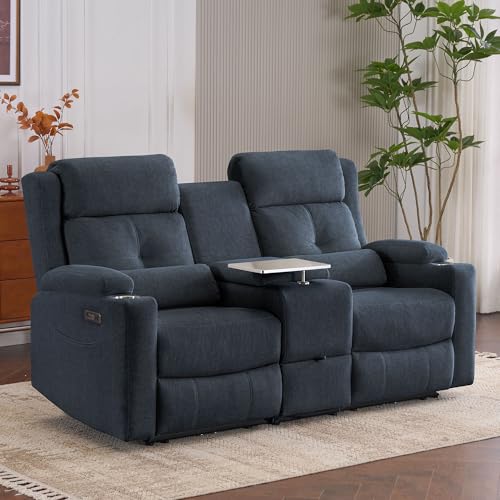 CALIVIA Cat-Proof Power Reclining Loveseat w/Console & Drawer Storage, Loveseat Recliner w/Tray Table, Electric Reclining Sofa w/Heat & Massage, Extra Lumbar Pillow for Livingroom (Grayish Blue)