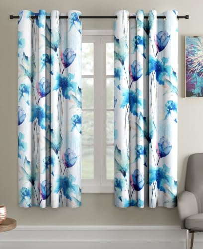 Image of Home Sizzler 2 Pieces Abstract Flower Eyelet Polyester Semi- Transparent Door Curtains - 6 Feet, Blue