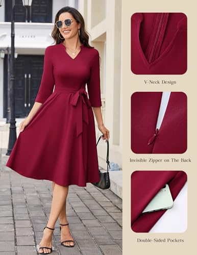 HomRain Fit and Flare Dress for Women Church Cocktail Midi Wedding Guest Vintage Graduation Tea Party Burgundy L — view 5
