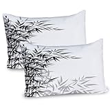 Ambesonne Asian Themed Pillow Sham Set of 2, Asian Boho Feel Monochrome Leaf Silhouettes Autumnal Themed Dark Leaves, Quality Microfiber Bedding Item for All Seasons, 26' x 20', White and Black