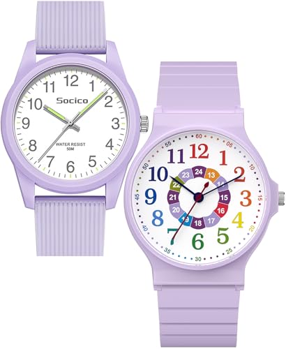 SOCICO Kids Analog Watch for Boys Girls, Easy to Read Learning Time Watch, Waterproof, Soft Band Wristwatch for Child Teens Ages 5-15, Great Gift for Kids Children