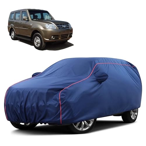 Image of Sulfar 100% Water Resistant Car Body Cover Compatible with Mirror for Tata Sumo Grand Dicor (Triple Stitched, Full Bottom Elastic, Blue Taffeta with Red Piping)
