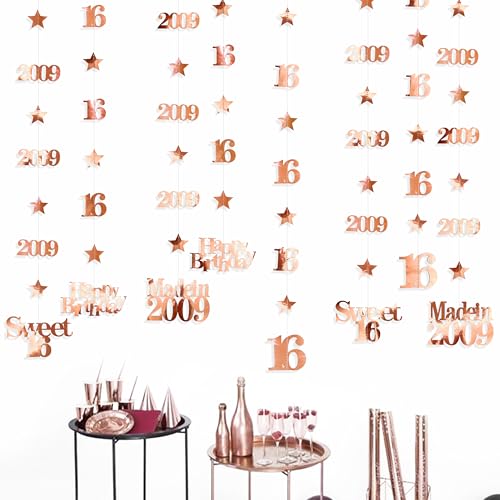 Image of 12PCS Rose Gold 16th Birthday Decorations Number 16 and 2009 Star Garland Streamer Banner Backdrop for Girls Boys Cheers to 16 Years Birthday Vintage Made in 2009 Sweet Sixteen Party Decor Supplies