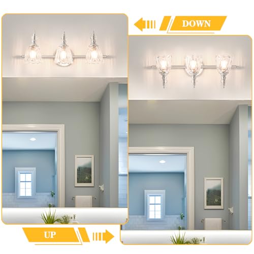 Image of Brushed Nickel Vanity Light, Antique Bathroom Vanity Light Over Mirror, 3 Light Lighting Fixture with Flower Glass Shade, Farmhouse Sconces Wall Lighting for Hallway Living Room Bedroom
