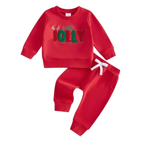DuAnyozu Toddler Baby Girl Christmas Outfit Girl Boy Fall Winter Clothes Embroidered Letter Crewneck Sweatshirt Pants 0-24M (JOLLY-Red, 12-18 Months)