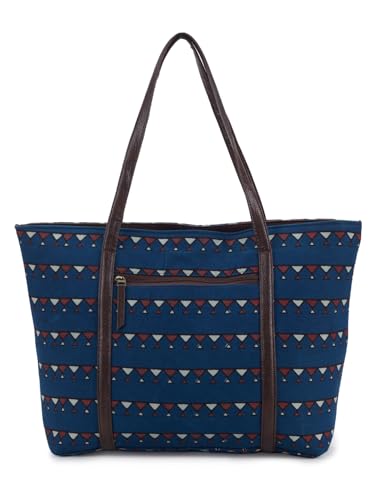 Image of NEPRI Oversized Office Tote Bag | Stylish Tote Bags | Purse for Women | Vegan Leather & Hanblock Printed Fabric Handbag with Double Handle Shoulder Strap| Daily & Travel Use