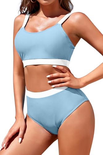 Image of Womens High Waisted Bikini Sets Sporty Crop Top Color Block Swimwear Bandeau Scoop Neck Vintage Two Piece Bathing Suits