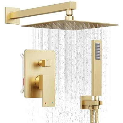 HoliSpa Shower System, Gold Shower Faucet Set with 12-Inch Rain Showerhead and Handheld Spray, Wall Mounted High-Pressure Showerhead Combo Set Included Valve and Trim, Brushed Gold
