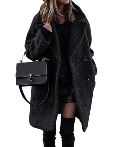 ORANDESIGNE Manteau d'hiver Femme Duveteux Polaire Revers Manches Longues Bouton Chaud Fausse Fourrure Vêtements D'extérieur Veste Sherpa Cardigan A Noir L