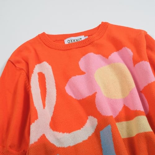 Women's Orange Knitted T-Shirt, Fashion Word Floral Crewneck Cotton Short Sleeve - Cropped Length3