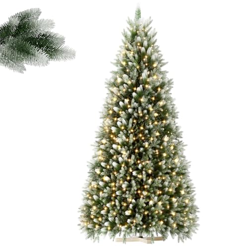 LILIIN Albero di Natale artificiale di alta qualità, 225 cm, con rivestimento in neve artificiale su punte, verde PVC + PE, albero di Natale con sistema pieghevole, supporto in legno, con luci