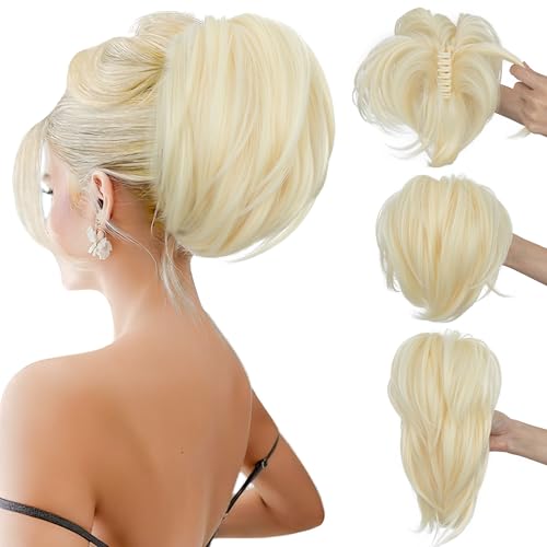 SEGO Claw Clip Short Ponytail Extension Messy Bun Hair Piece With 4 Bendable Metals DIY Synthetic Fake Hair Bun For Women 8 Inch-#613 Bleach Blonde