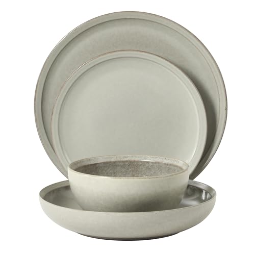 Image of Gibson Elite Beckett Stoneware Matte Reactive Glaze 16 Piece (Service for 4) Plates and Bowls Dinnerware Set - Ash White
