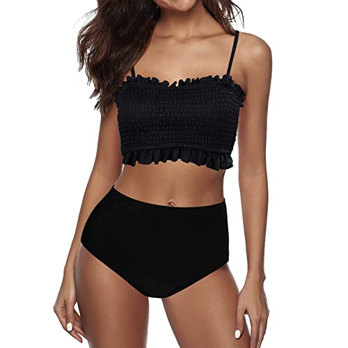 Genérico Banadores+Reductores+Mujer para Mujer Bikini sin Tirantes Bandeau Bikini con Volantes Acolchado 2 Piezas BañAdores Mujer Reductores Tallas Grandes (Black, L)