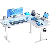 FEZIBO 63" Triple Motor L Shaped Standing Desk with LED Strip & Power Outlets, Height Adjustable Stand up Corner Gaming Desk with Ergonomic Monitor Stand, White Top/White Frame