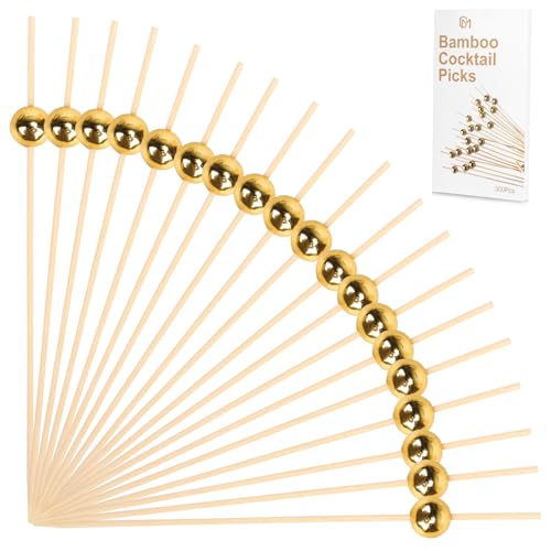 M.G Cocktail Picks,4.7 inch Toothpicks for Appetizers,Gold Pearl Floss Picks,Chocolate Food Labels for Party Buffet,300 pcs Festive Fruit Picks